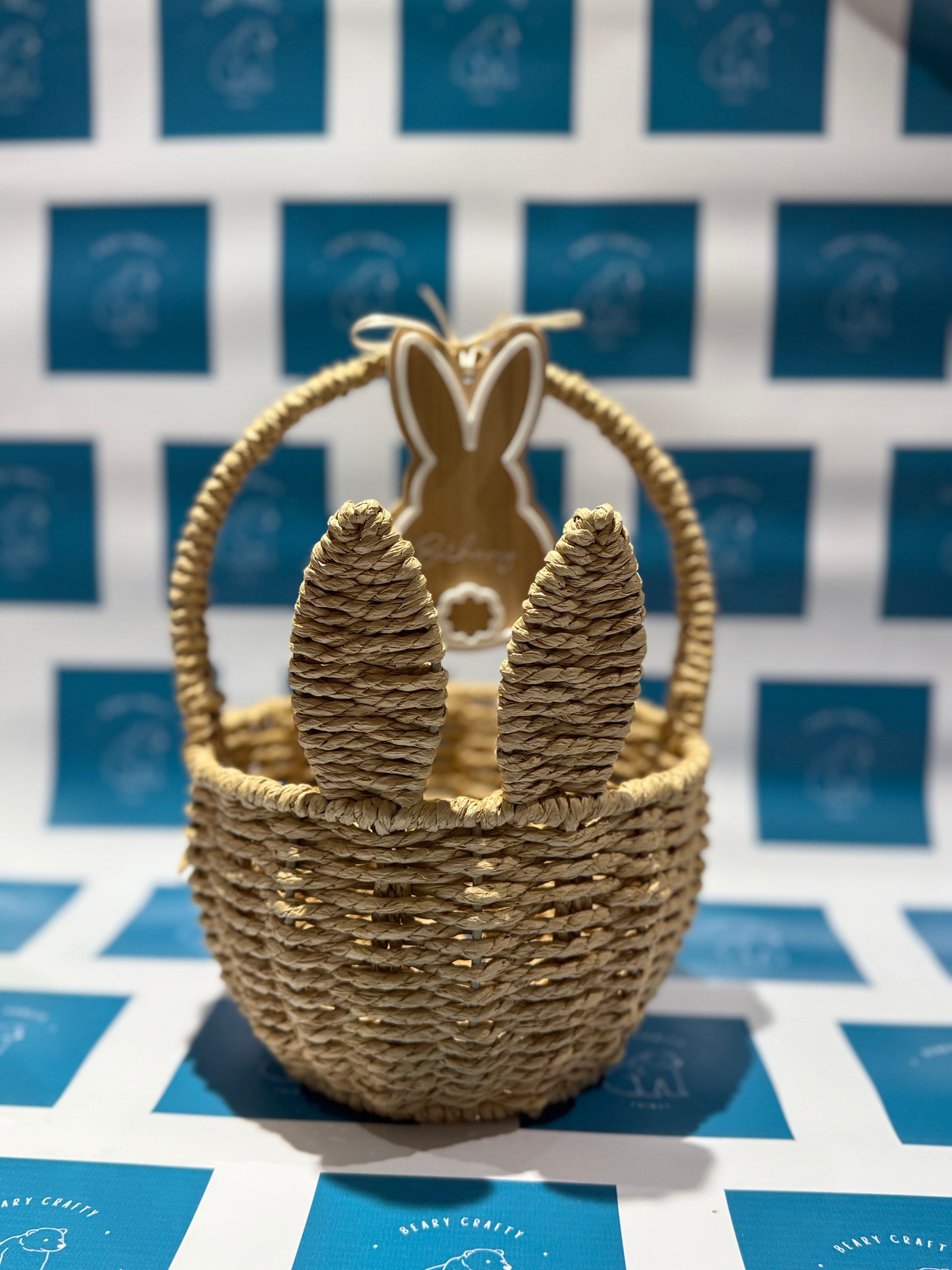 Personalised Seagrass Bunny Easter Basket with Wooden Name Tag