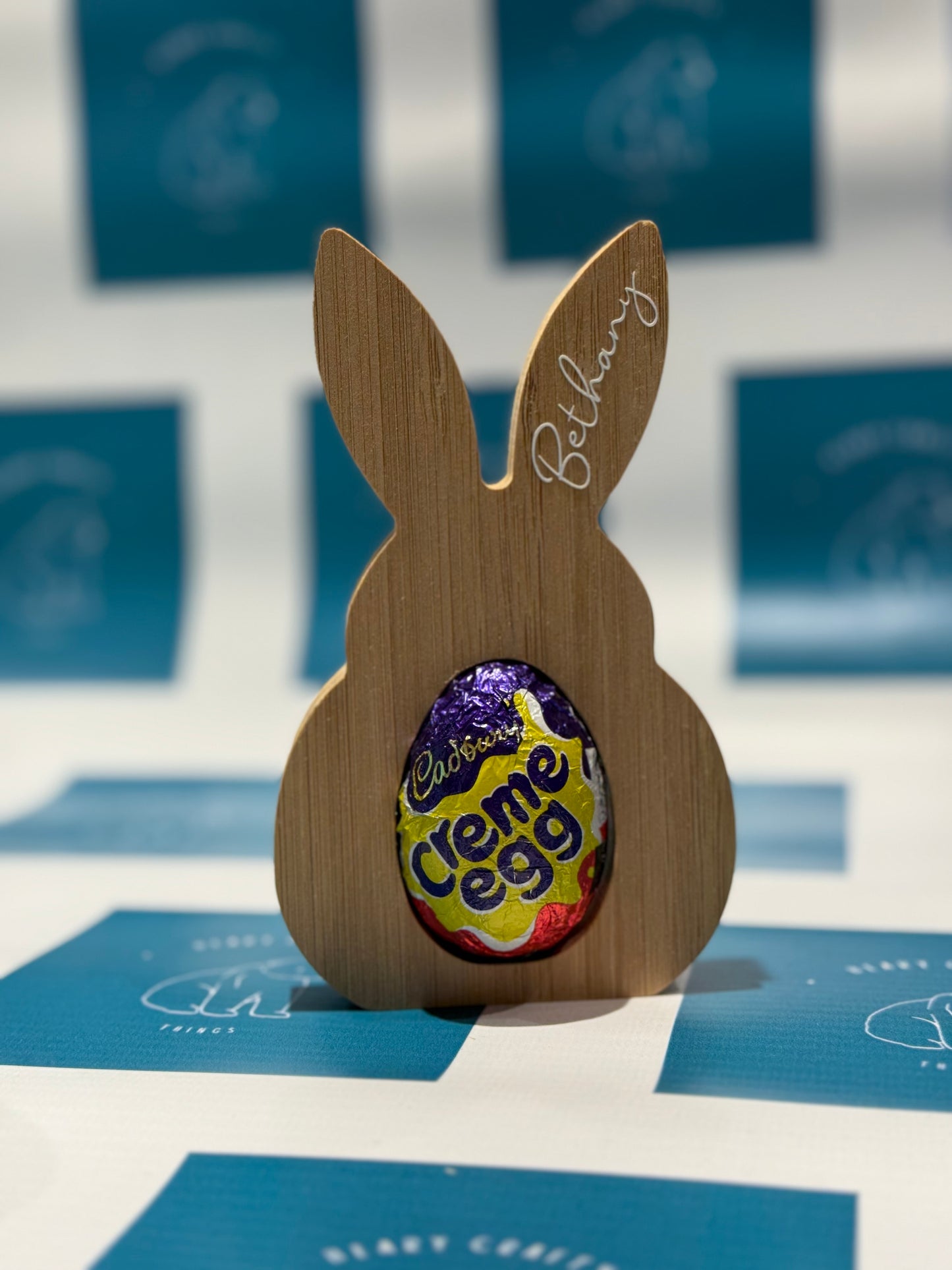 Personalised Wooden Bunny Egg Holder – Crème Egg or Kinder Egg Size