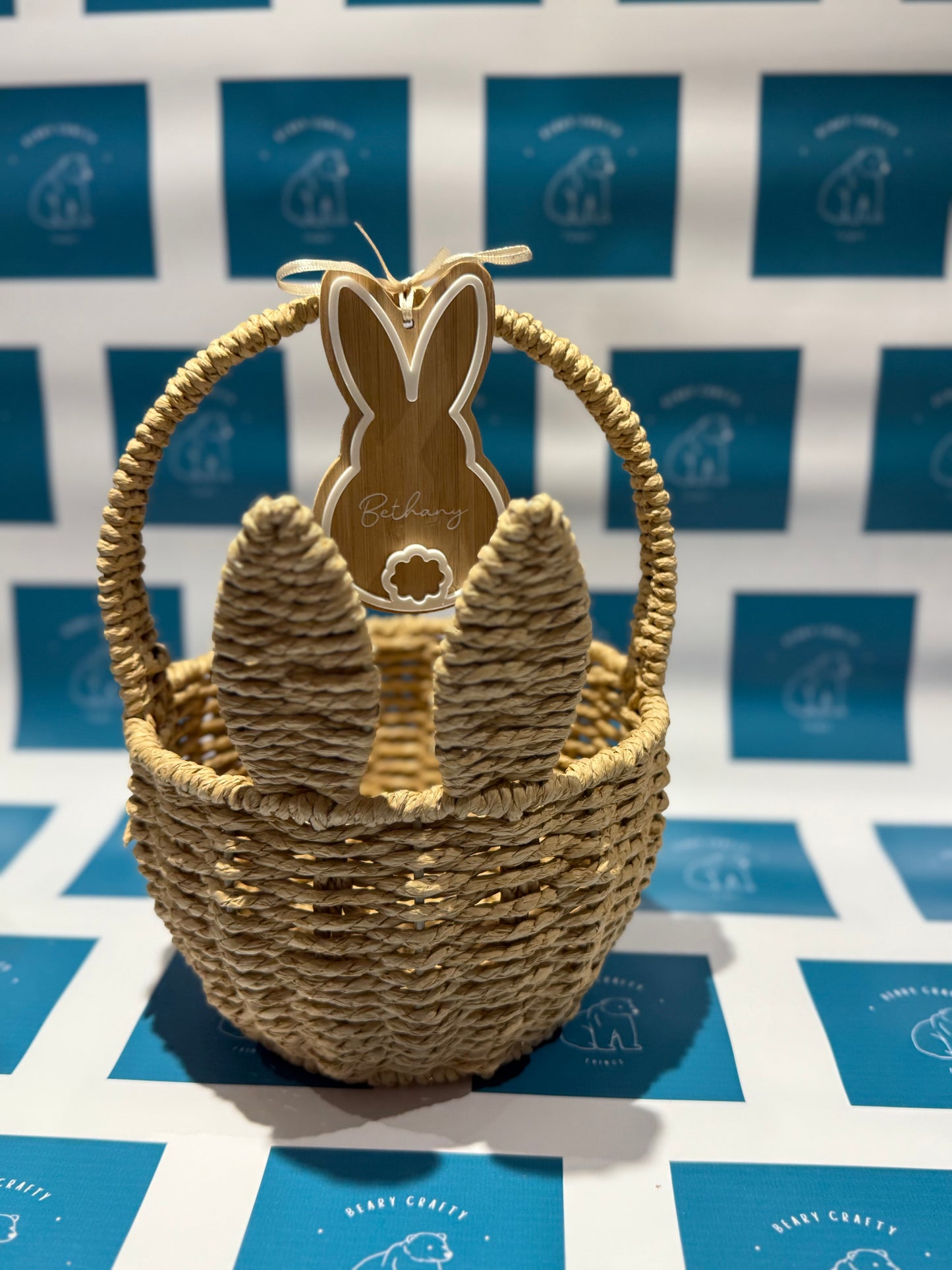 Personalised Seagrass Bunny Easter Basket with Wooden Name Tag