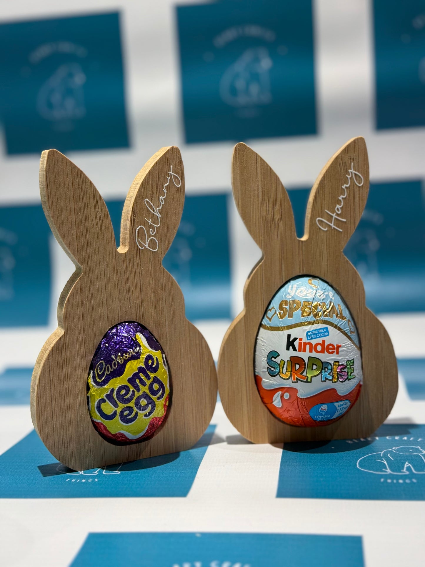 Personalised Wooden Bunny Egg Holder – Crème Egg or Kinder Egg Size